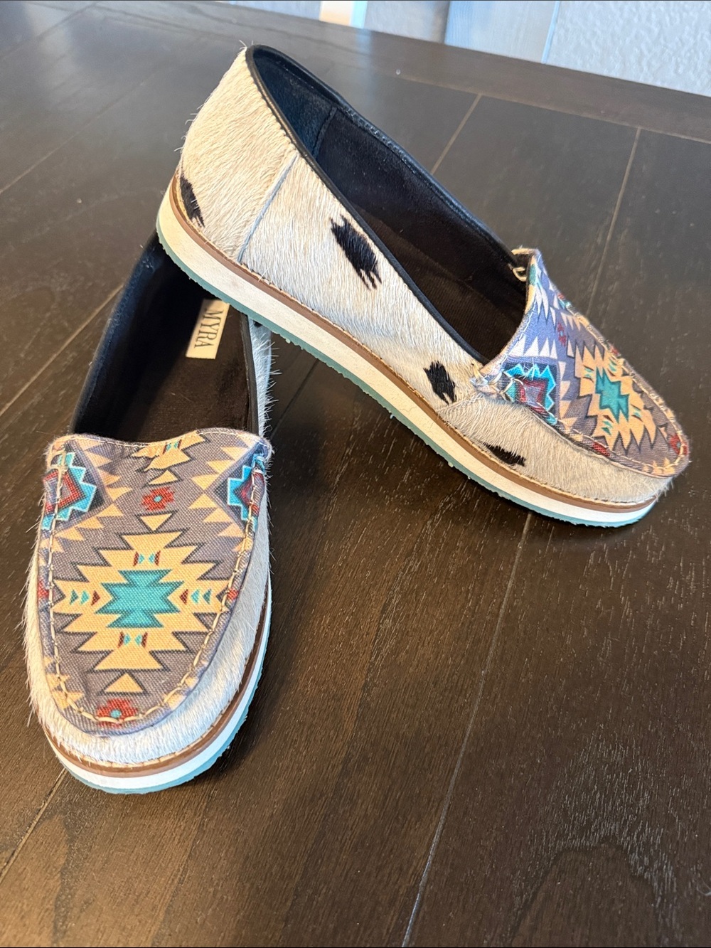 MYRA cowhide Beige Haircalf Slip-On Loafers with Turquoise Aztec Print